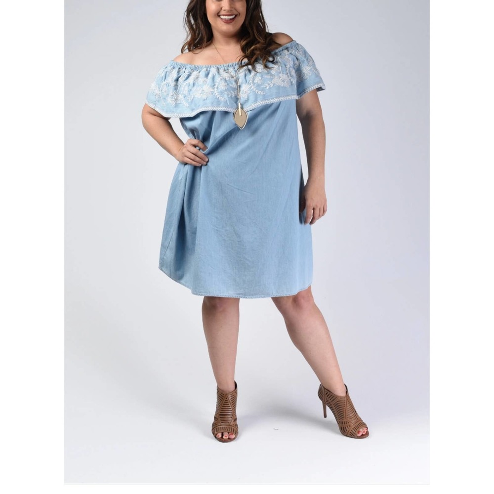 GRACE ELEMENTS| MEDIUM OFF THE SHOULDER DENIM 100% TENCEL DRESS WOMEN'S